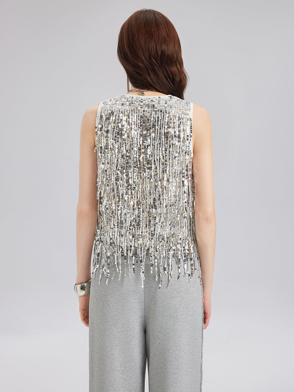 Tassel Sequin Embroidered V-Neck Vest