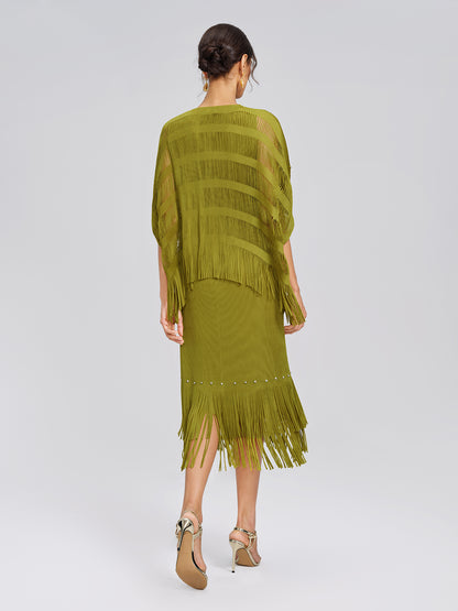 Hand-Beaded Openwork Burnout Cape Dress Set