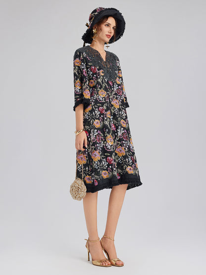 Hand-Beaded Floral Denim Raw-Edge Hat