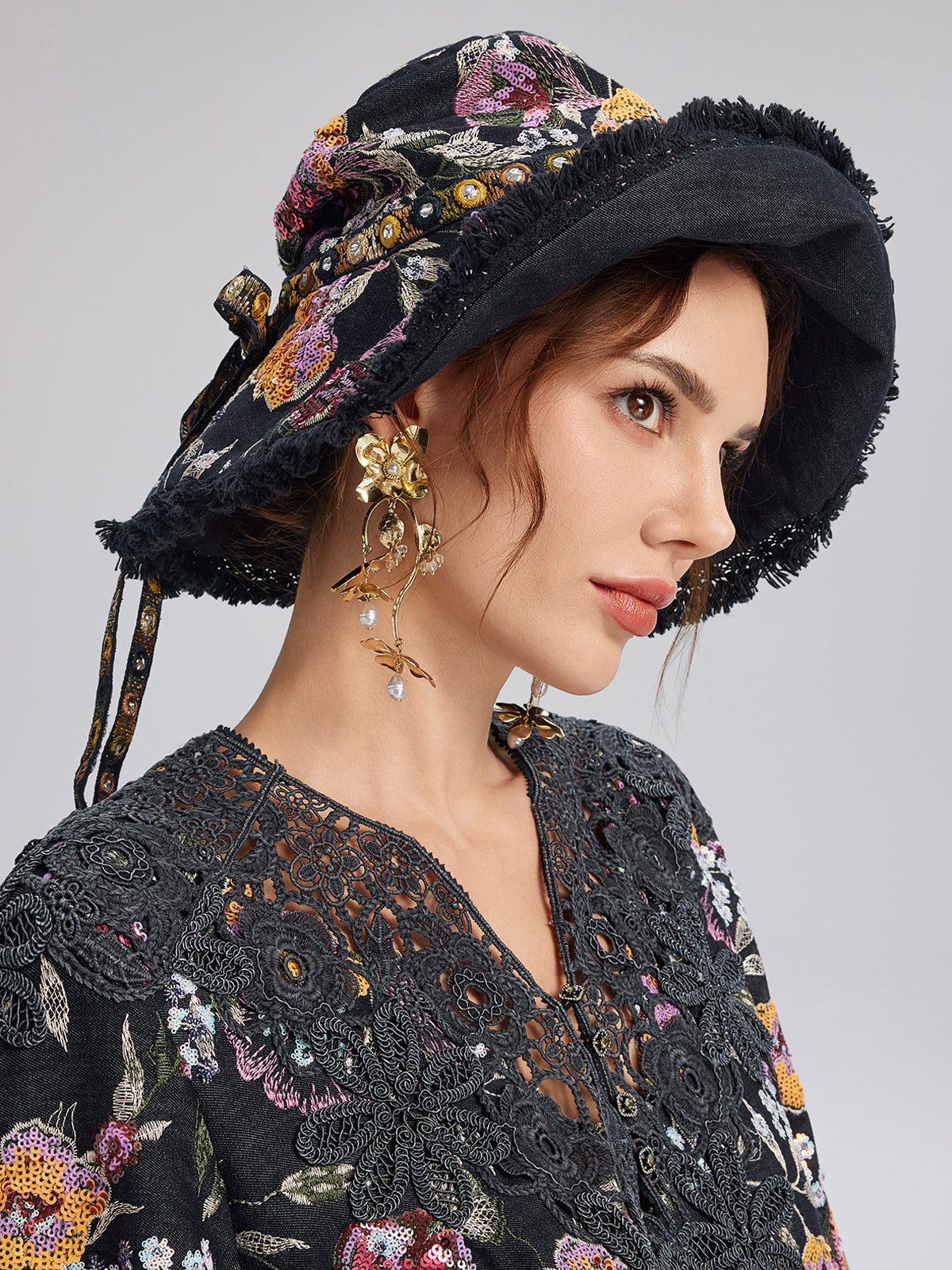 Hand-Beaded Floral Denim Raw-Edge Hat