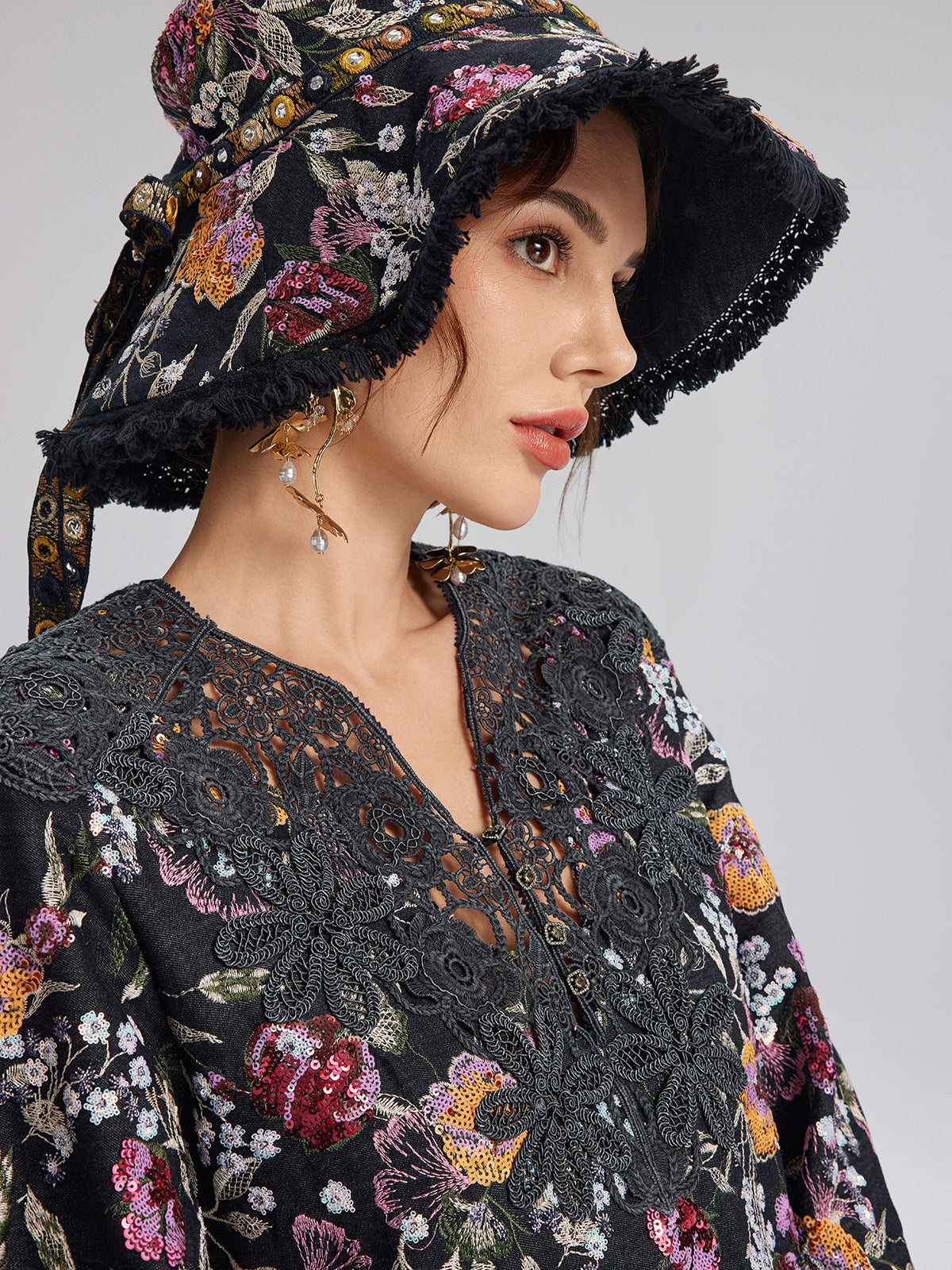 Hand-Beaded Floral Denim Raw-Edge Hat