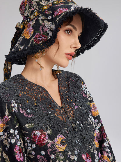 Hand-Beaded Floral Denim Raw-Edge Hat