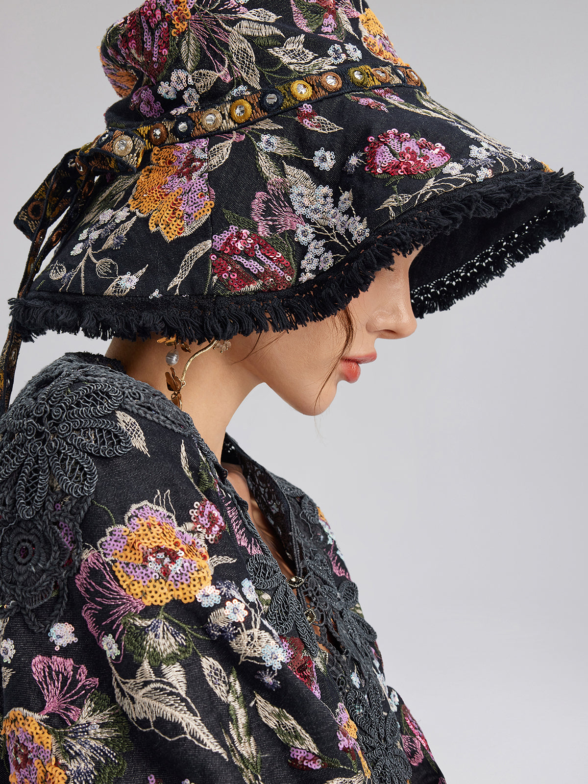 Hand-Beaded Floral Denim Raw-Edge Hat