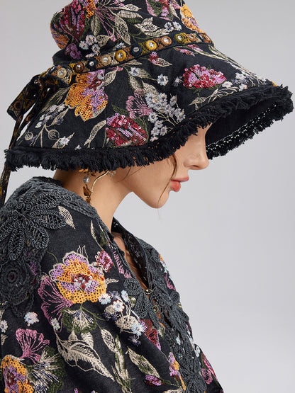 Hand-Beaded Floral Denim Raw-Edge Hat