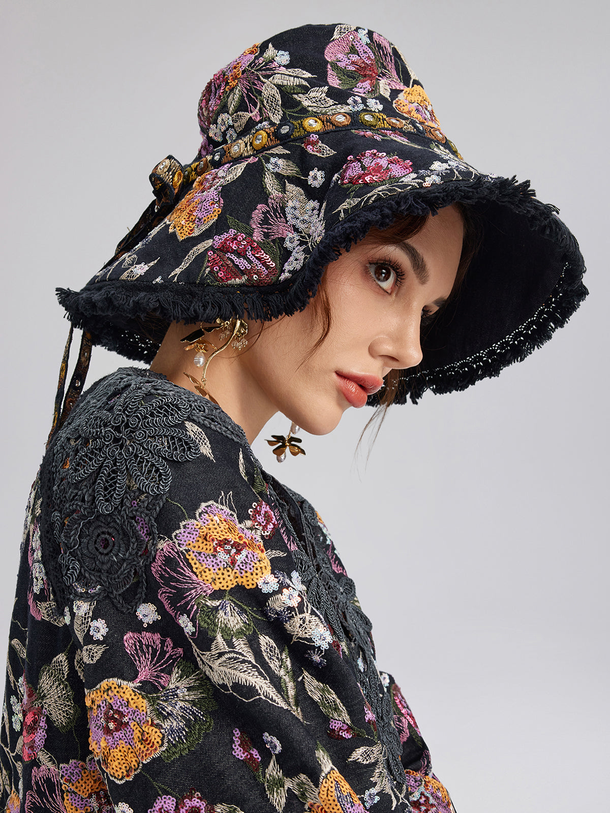 Hand-Beaded Floral Denim Raw-Edge Hat