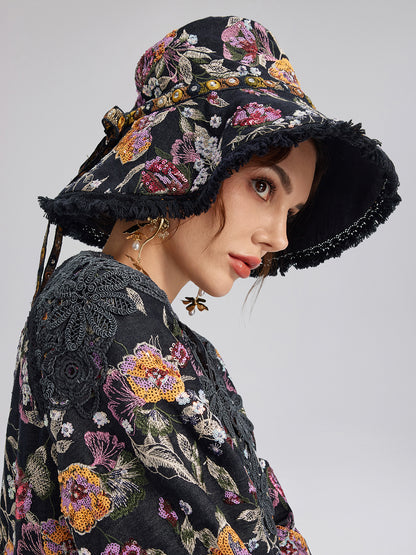 Hand-Beaded Floral Denim Raw-Edge Hat