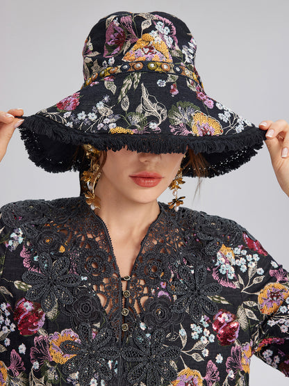 Hand-Beaded Floral Denim Raw-Edge Hat