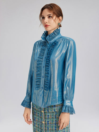 Silk Metallic-Sheen Pleated Shirt