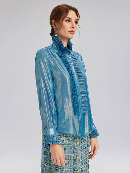 Silk Metallic-Sheen Pleated Shirt