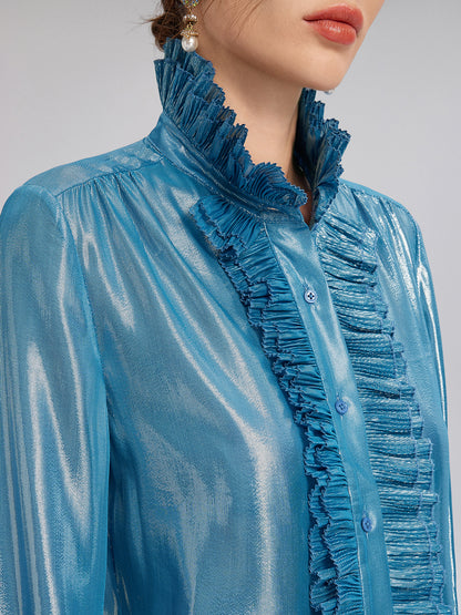 Silk Metallic-Sheen Pleated Shirt