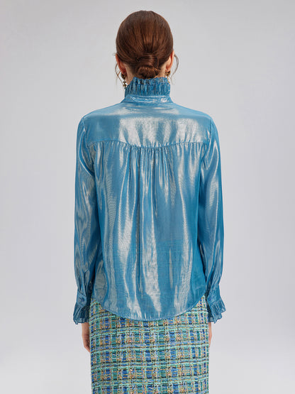 Silk Metallic-Sheen Pleated Shirt