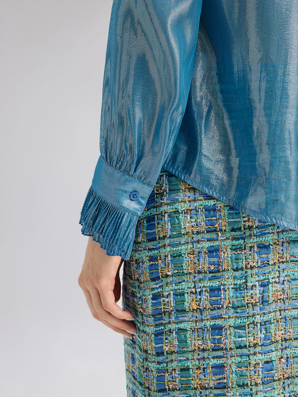 Silk Metallic-Sheen Pleated Shirt