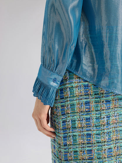 Silk Metallic-Sheen Pleated Shirt