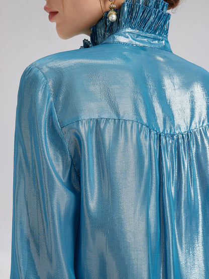 Silk Metallic-Sheen Pleated Shirt