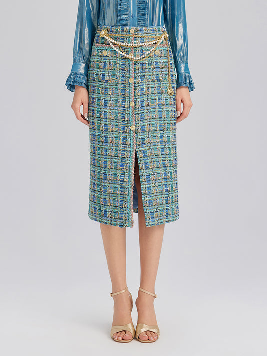 Multicolor Tweed Hand-Sewn Braid Trim Skirt