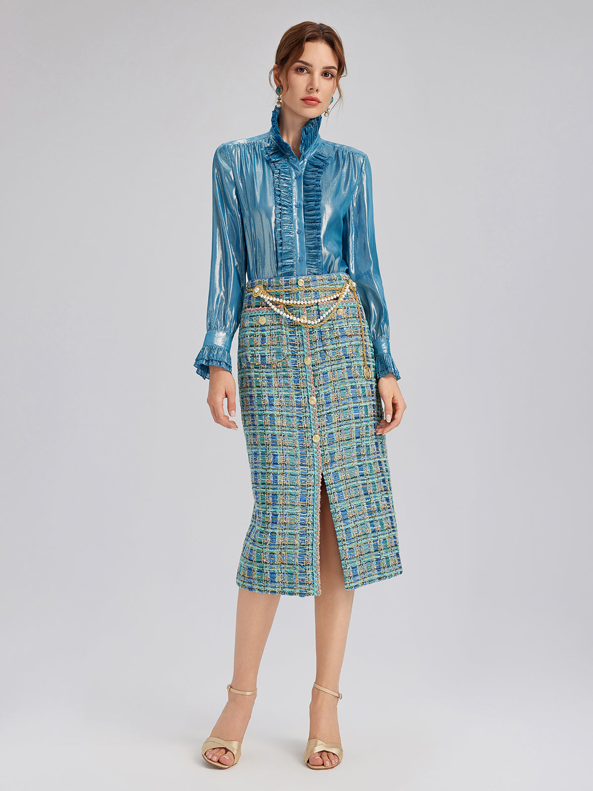 Multicolor Tweed Hand-Sewn Braid Trim Skirt