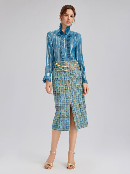 Multicolor Tweed Hand-Sewn Braid Trim Skirt