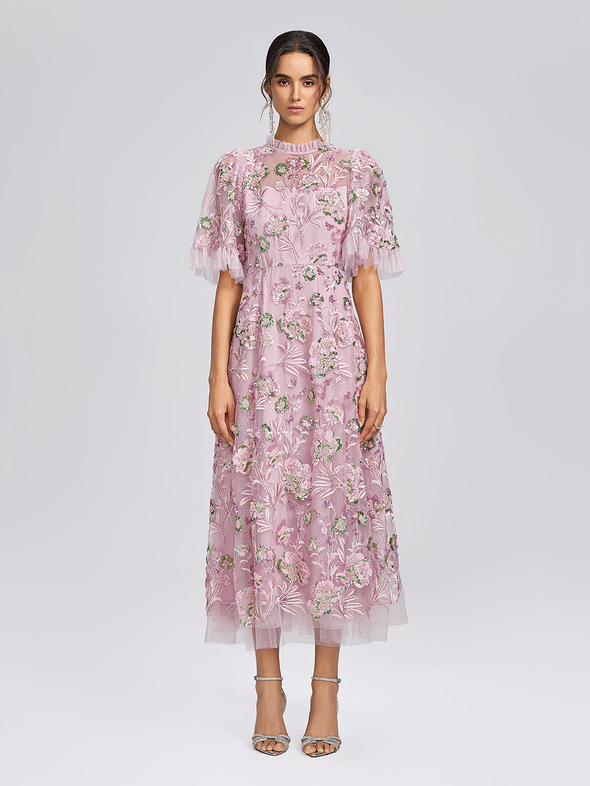 3D Floral Embroidered Sequin Mesh High-Waist Flare Dress