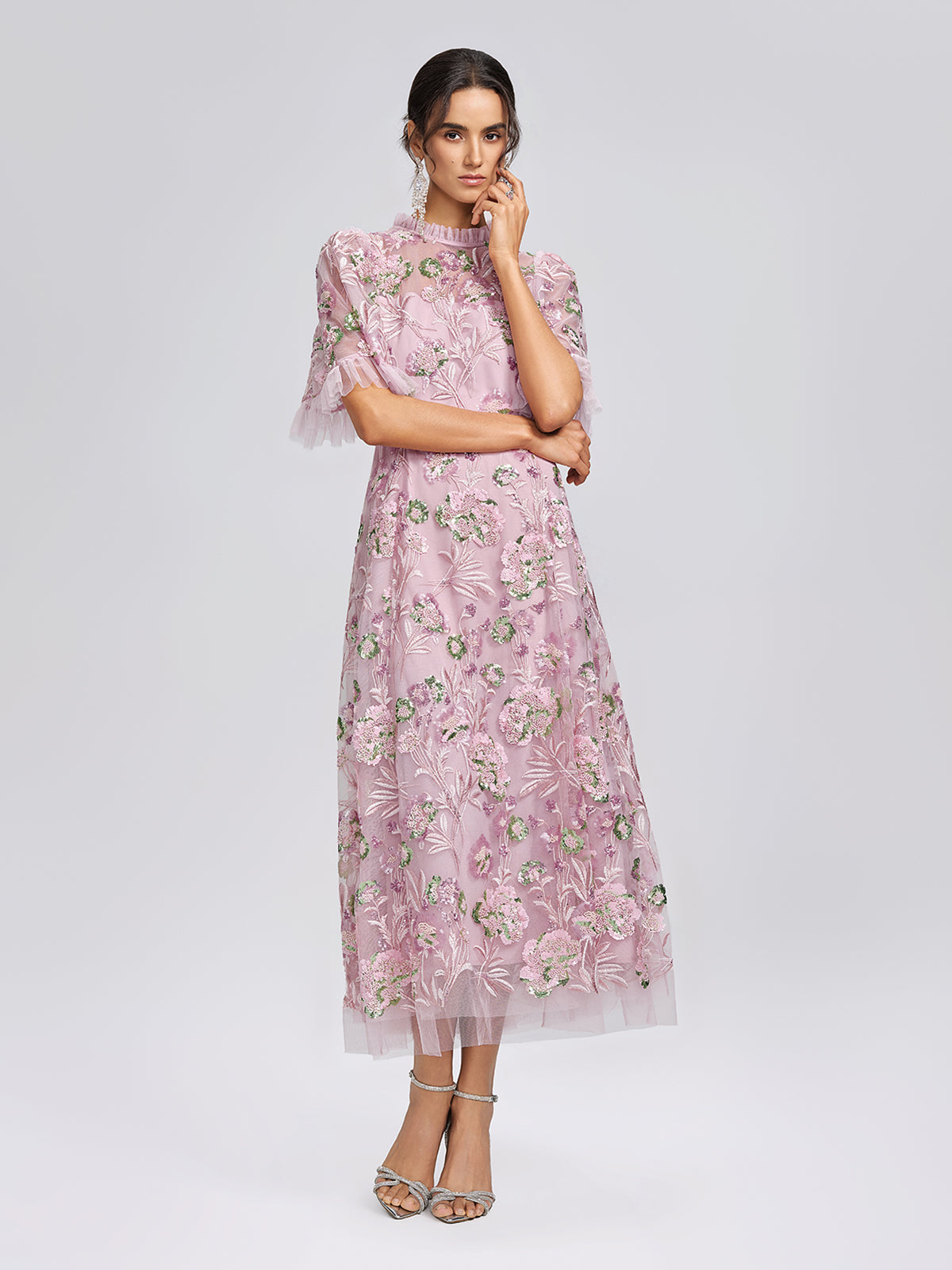 3D Floral Embroidered Sequin Mesh High-Waist Flare Dress