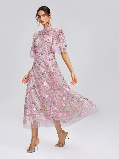 3D Floral Embroidered Sequin Mesh High-Waist Flare Dress