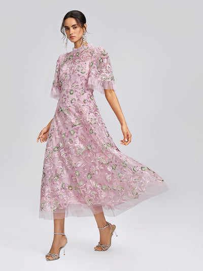 3D Floral Embroidered Sequin Mesh High-Waist Flare Dress
