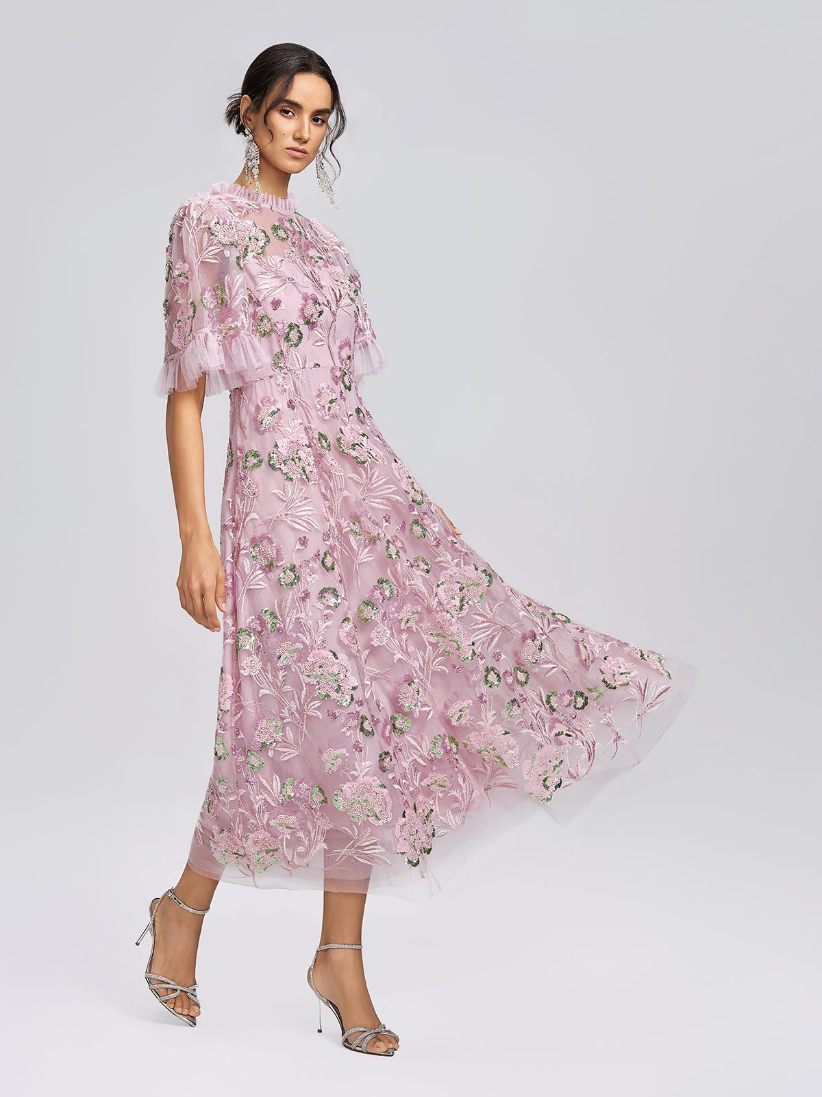 3D Floral Embroidered Sequin Mesh High-Waist Flare Dress