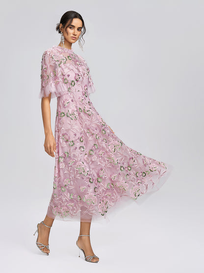 3D Floral Embroidered Sequin Mesh High-Waist Flare Dress