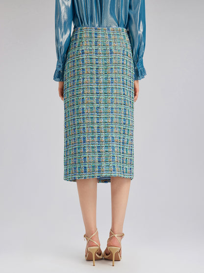 Multicolor Tweed Hand-Sewn Braid Trim Skirt