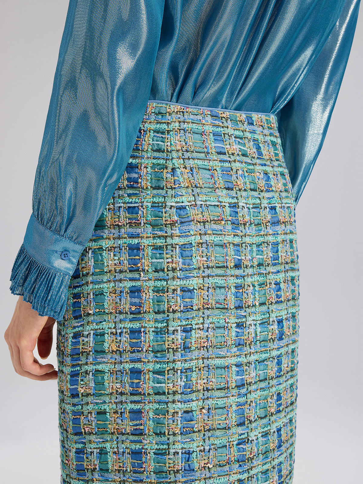 Multicolor Tweed Hand-Sewn Braid Trim Skirt