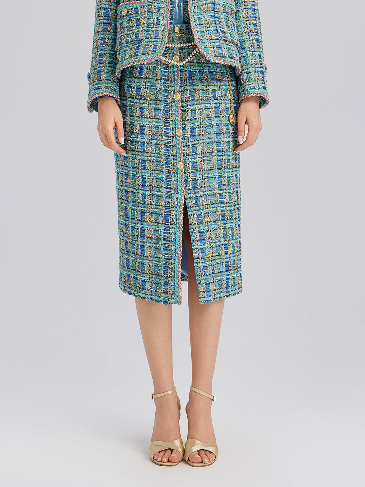 Multicolor Tweed Hand-Sewn Braid Trim Skirt