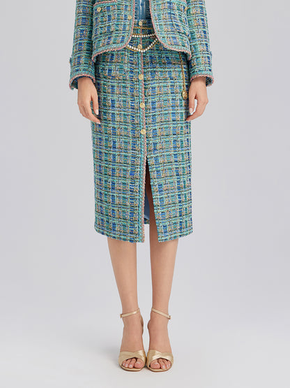 Multicolor Tweed Hand-Sewn Braid Trim Skirt