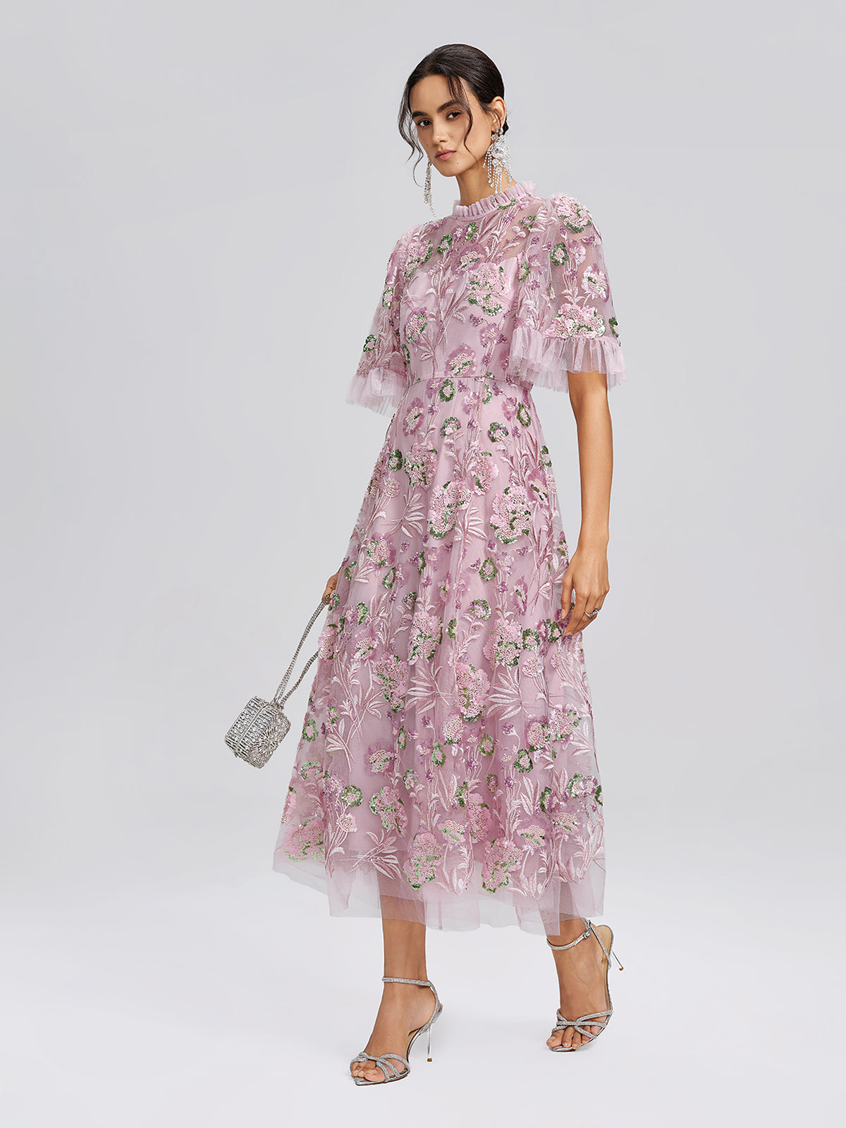 3D Floral Embroidered Sequin Mesh High-Waist Flare Dress