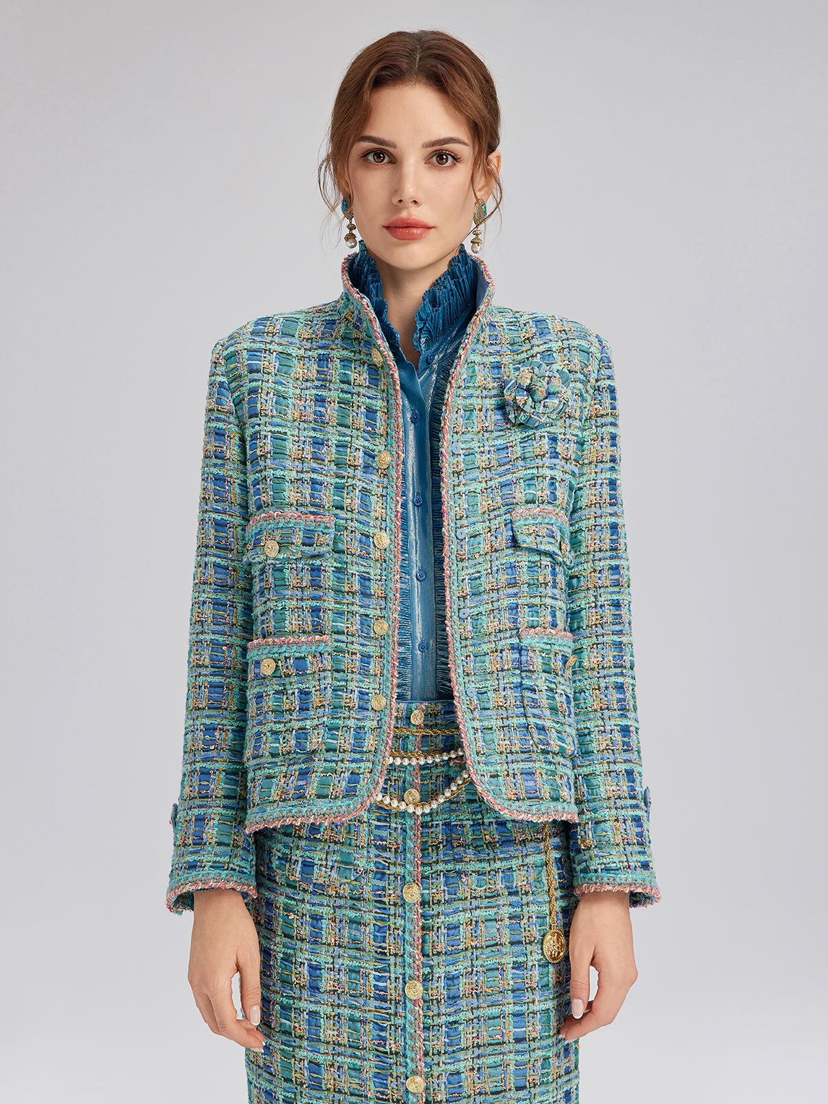 Multicolor Tweed Hand-Sewn Braid Trim Jacket (Matching Scrunchie Included)