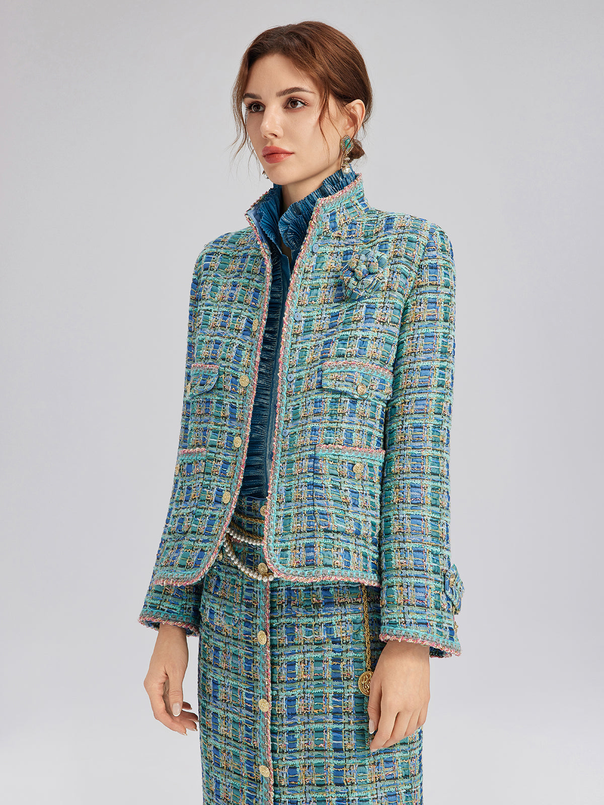 Multicolor Tweed Hand-Sewn Braid Trim Jacket (Matching Scrunchie Included)