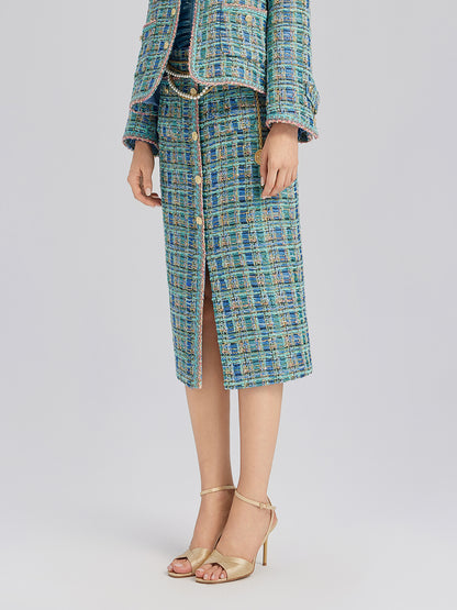 Multicolor Tweed Hand-Sewn Braid Trim Skirt