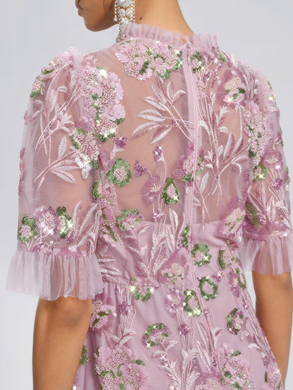 3D Floral Embroidered Sequin Mesh High-Waist Flare Dress