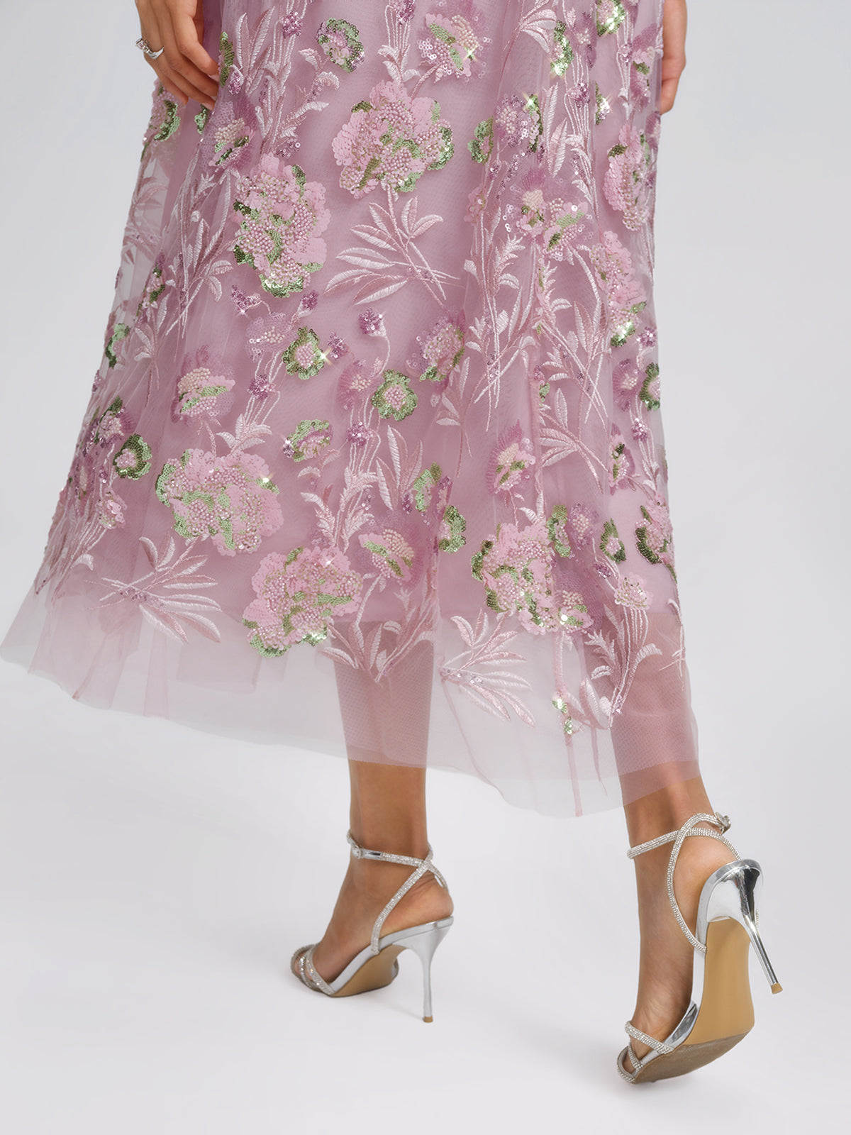 3D Floral Embroidered Sequin Mesh High-Waist Flare Dress