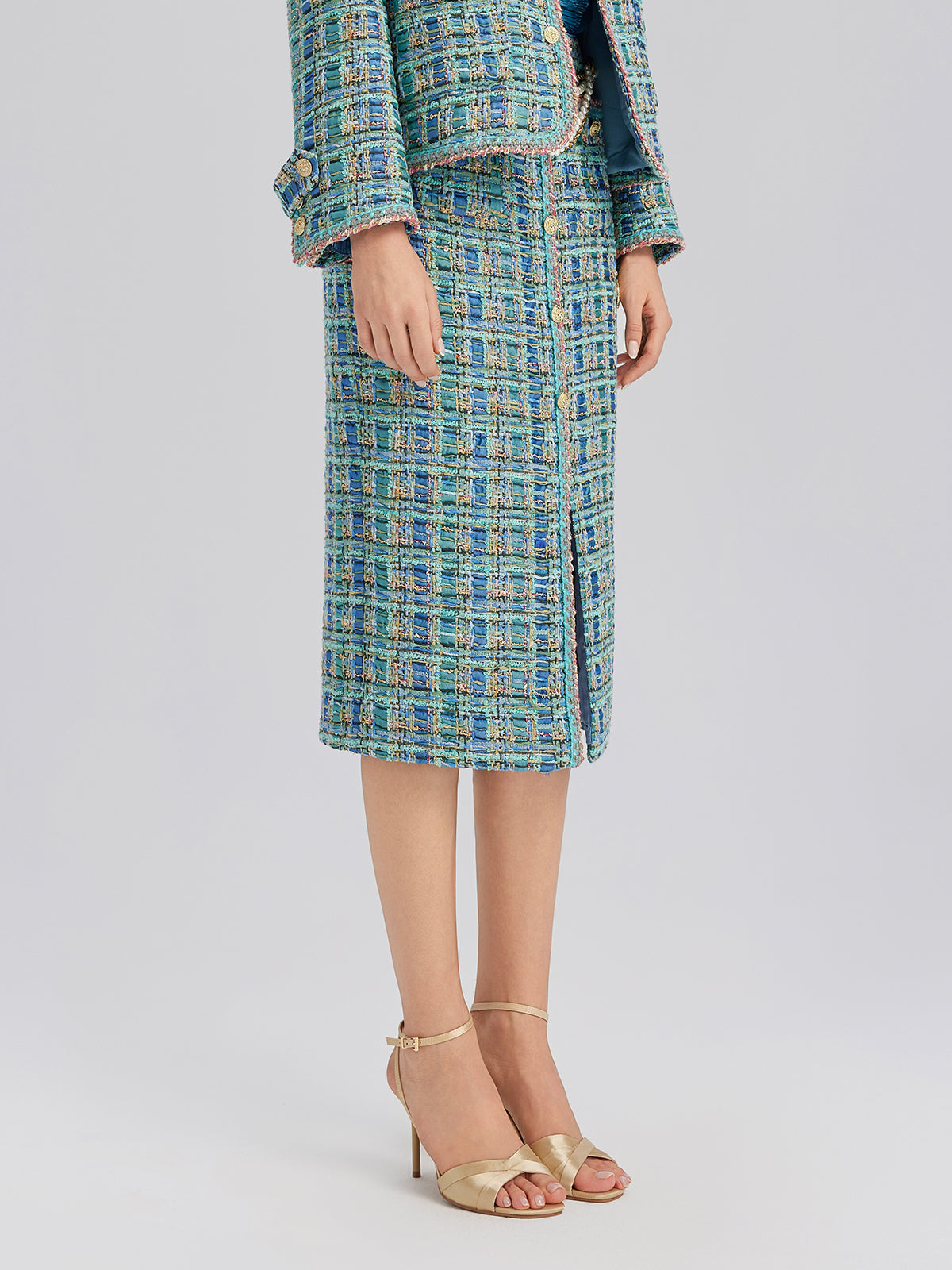 Multicolor Tweed Hand-Sewn Braid Trim Skirt