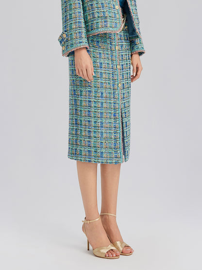 Multicolor Tweed Hand-Sewn Braid Trim Skirt