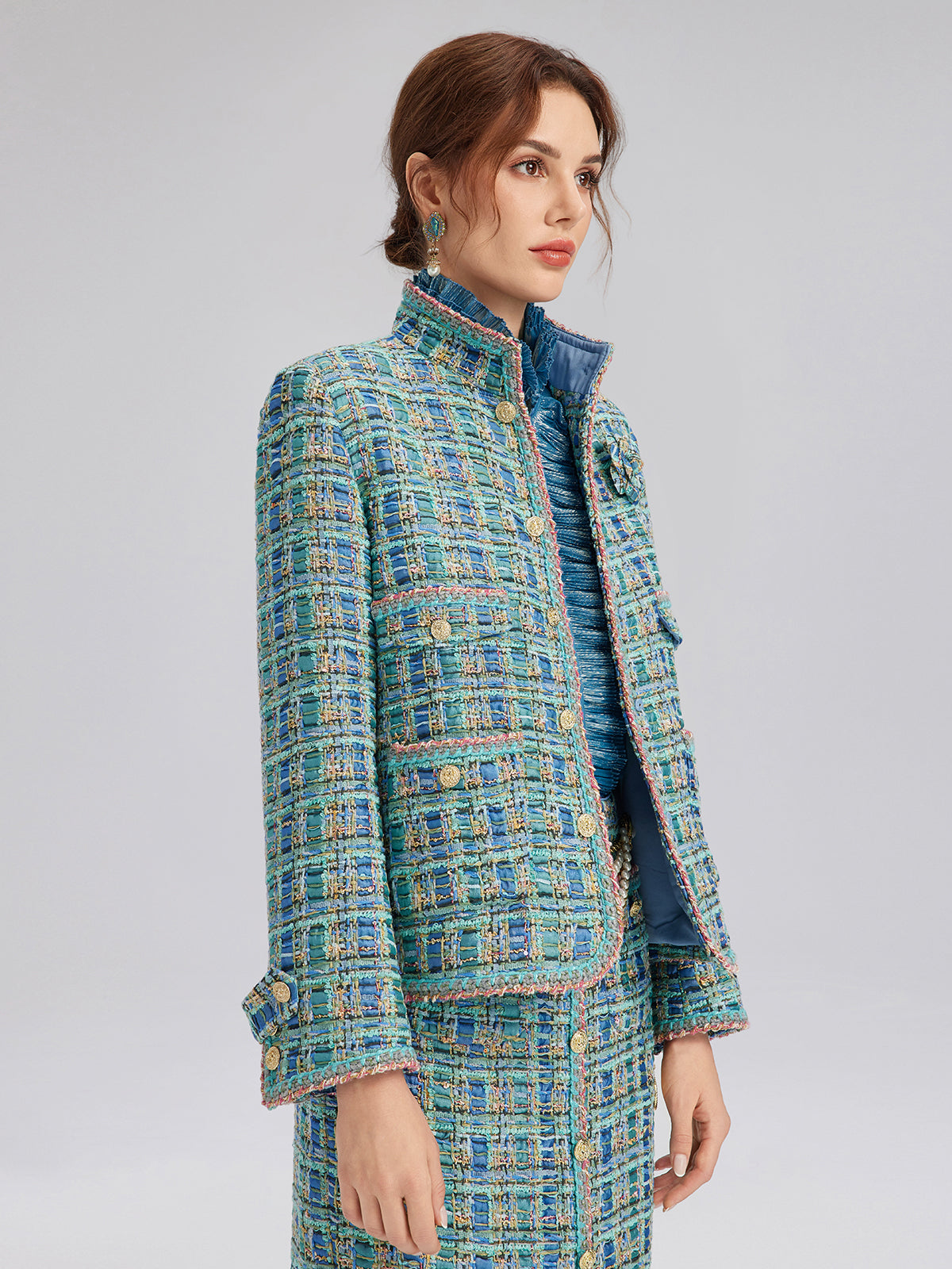 Multicolor Tweed Hand-Sewn Braid Trim Jacket (Matching Scrunchie Included)