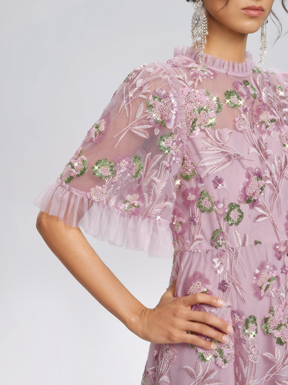 3D Floral Embroidered Sequin Mesh High-Waist Flare Dress