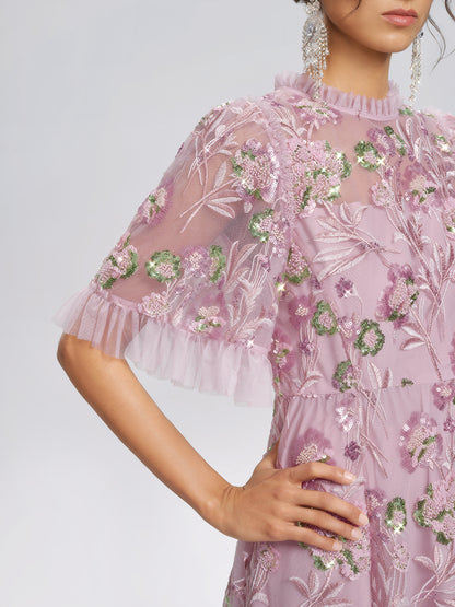 3D Floral Embroidered Sequin Mesh High-Waist Flare Dress