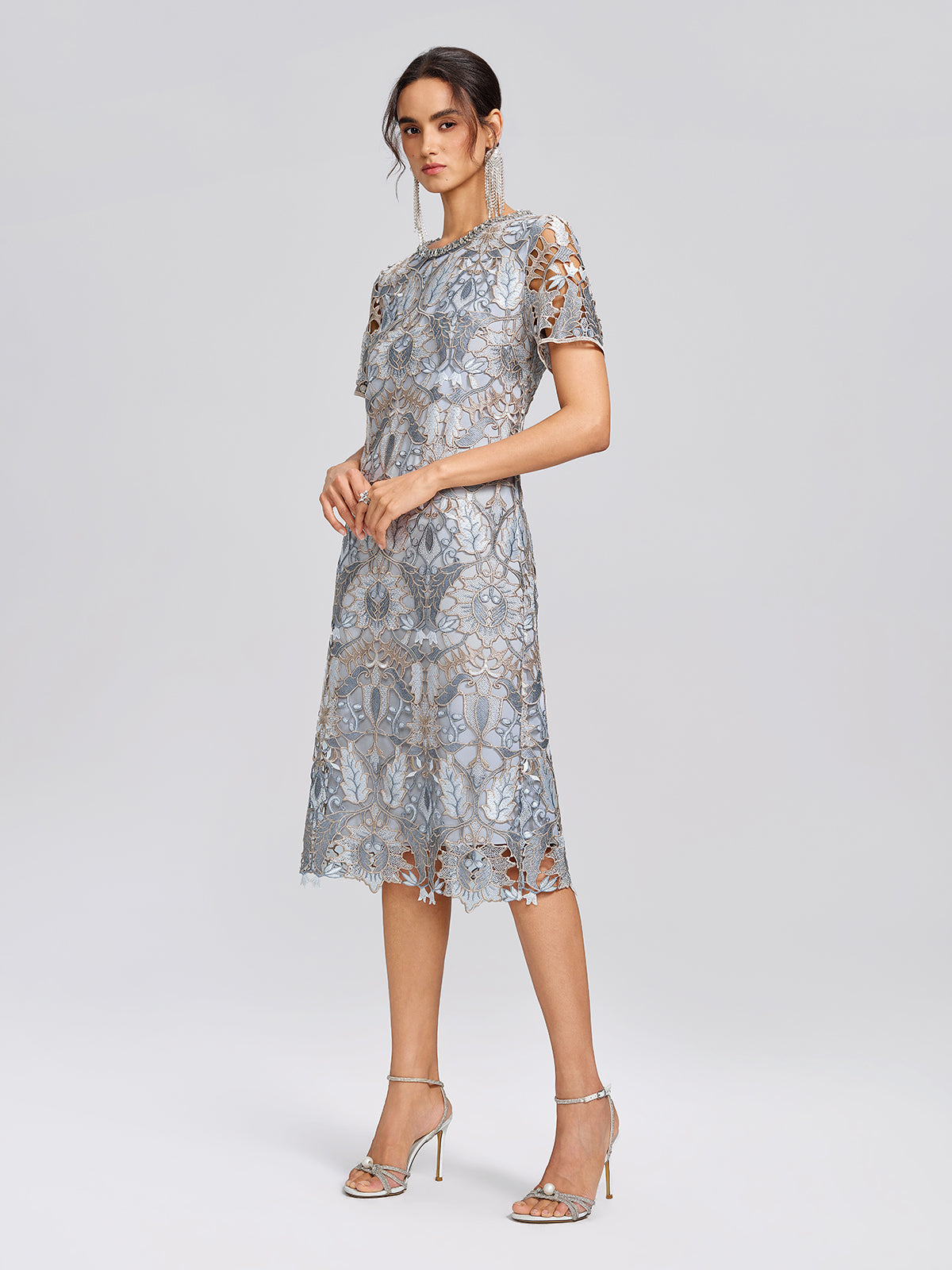 Guipure Lace Cutwork Rhinestone Straight Dress