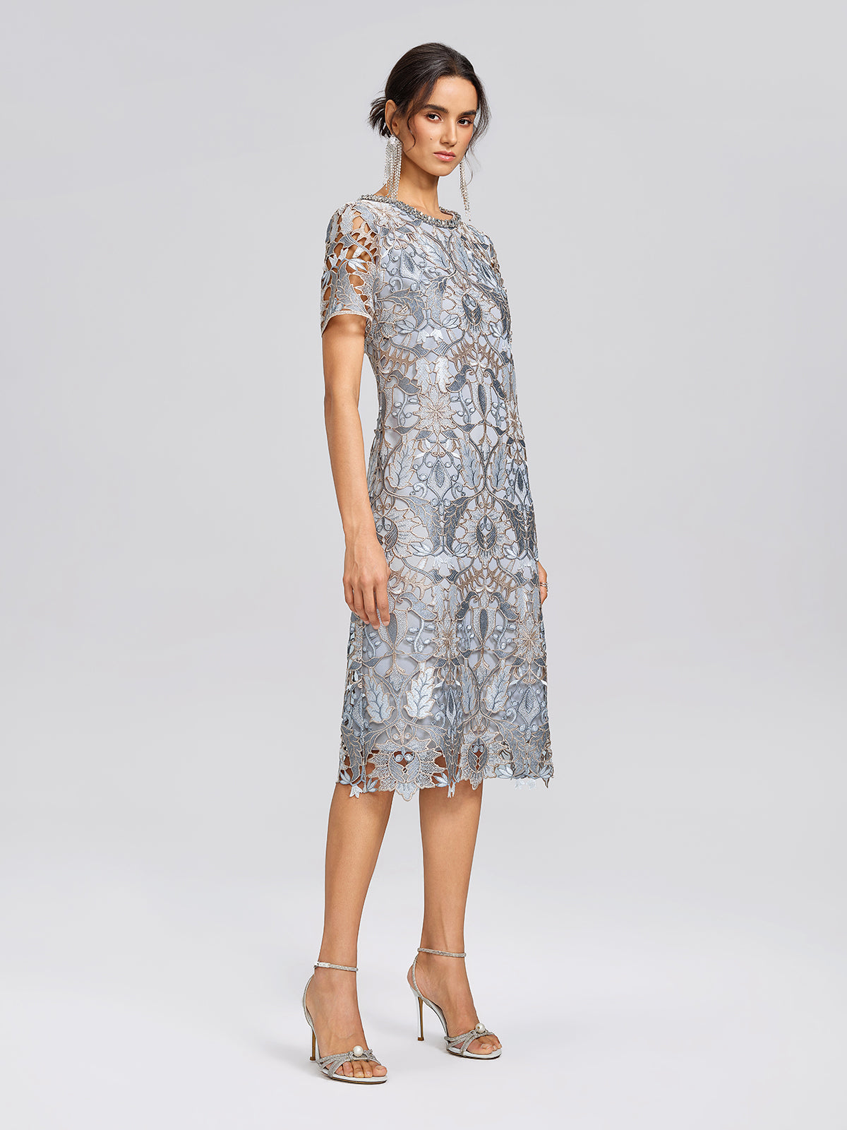 Guipure Lace Cutwork Rhinestone Straight Dress