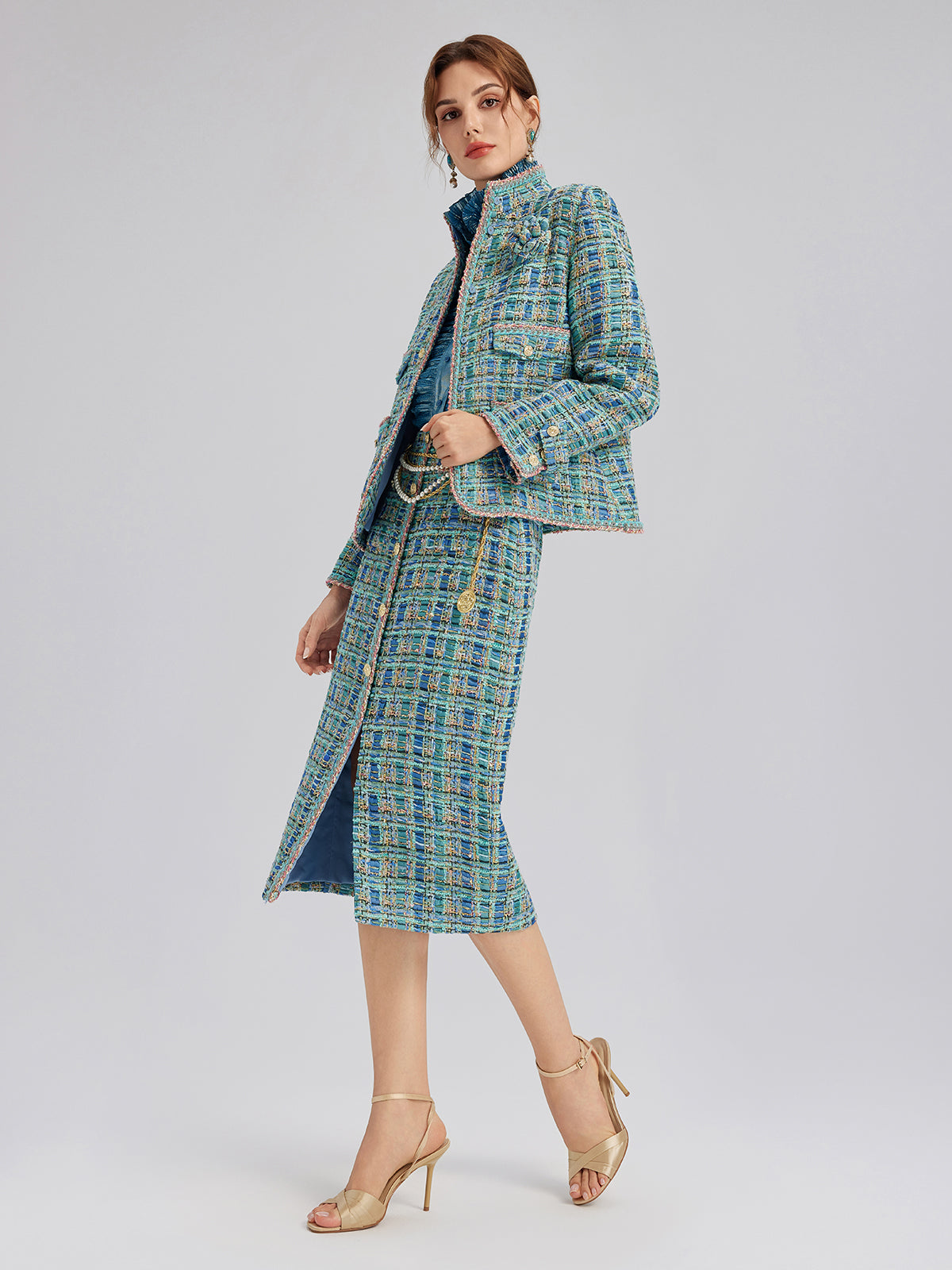 Multicolor Tweed Hand-Sewn Braid Trim Jacket (Matching Scrunchie Included)
