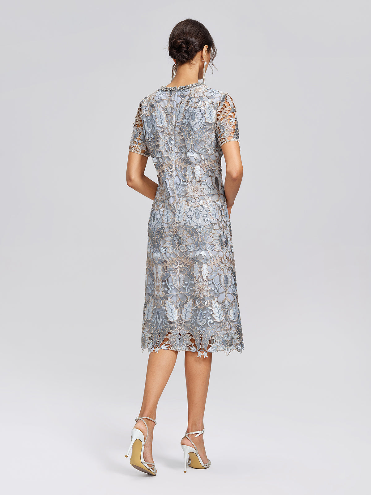 Guipure Lace Cutwork Rhinestone Straight Dress