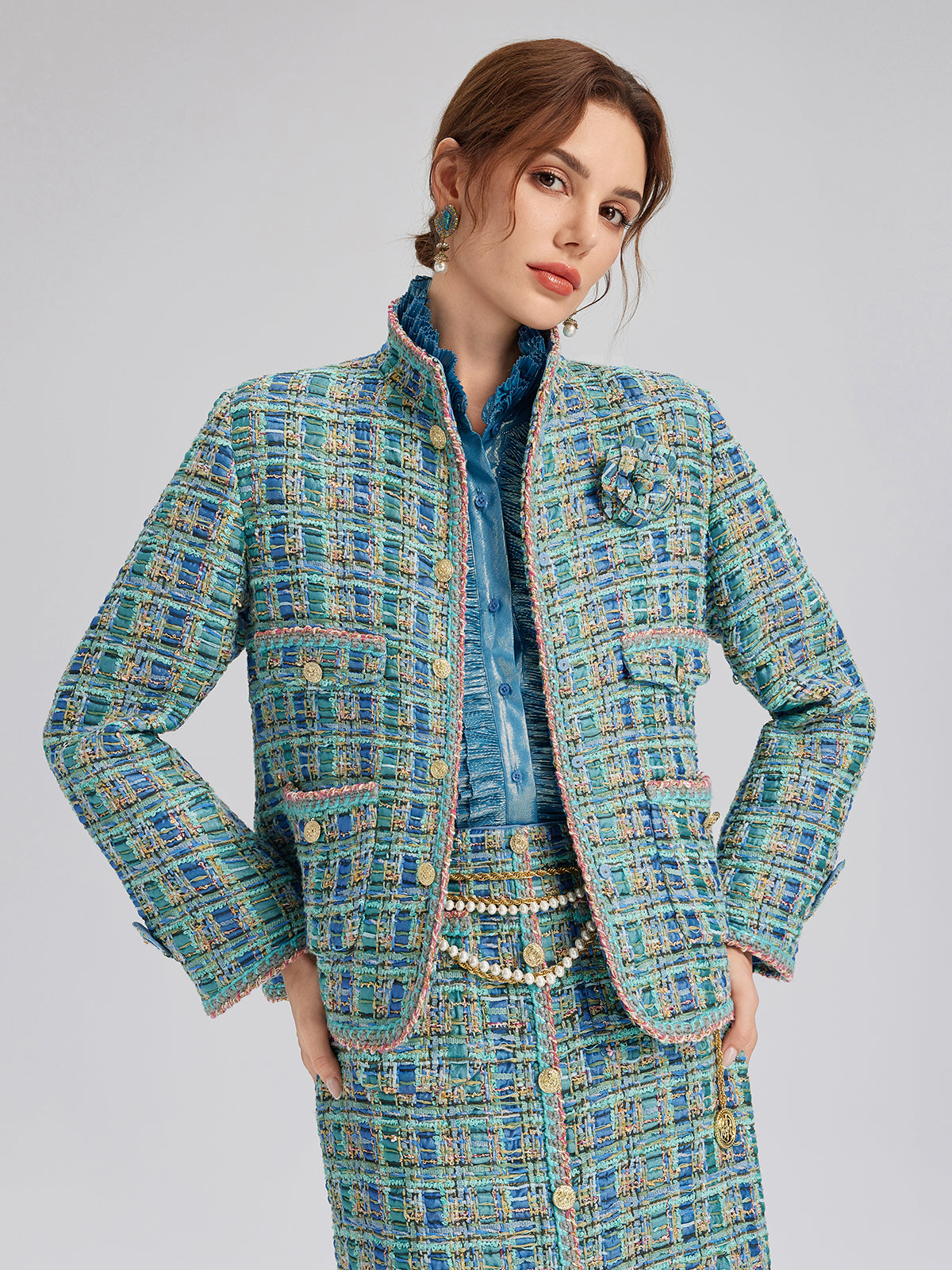 Multicolor Tweed Hand-Sewn Braid Trim Jacket (Matching Scrunchie Included)