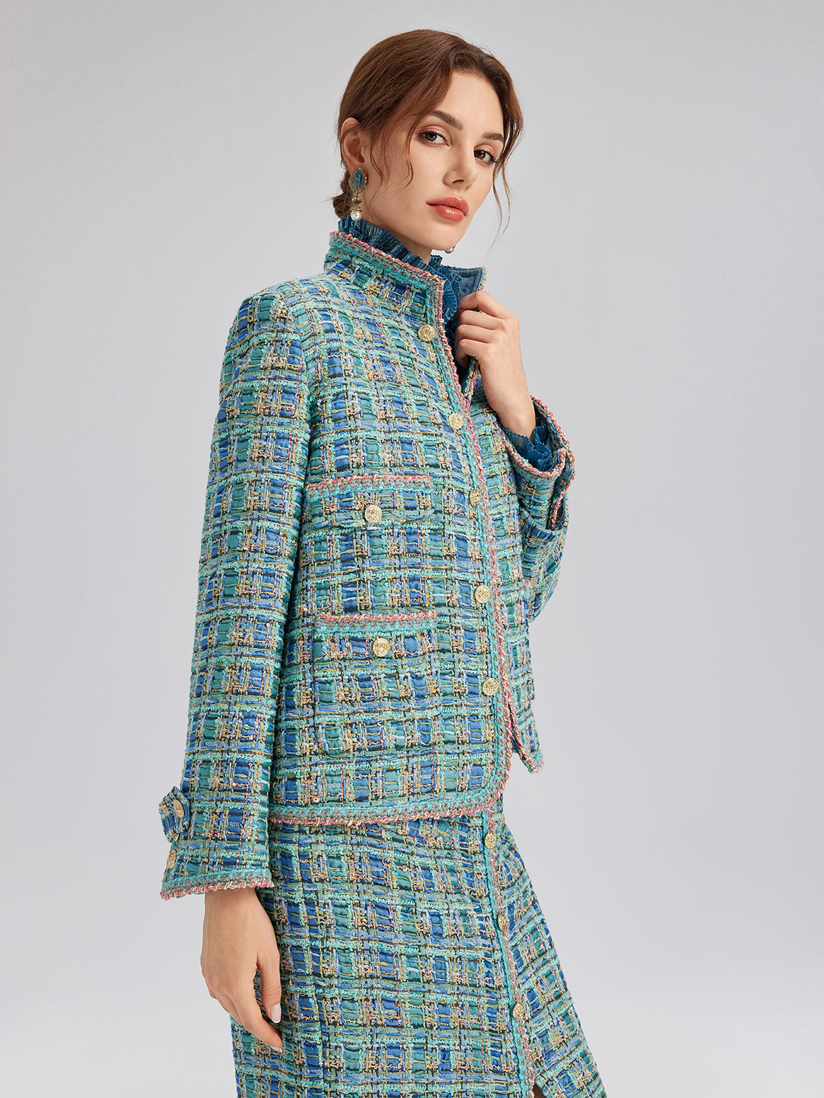 Multicolor Tweed Hand-Sewn Braid Trim Jacket (Matching Scrunchie Included)