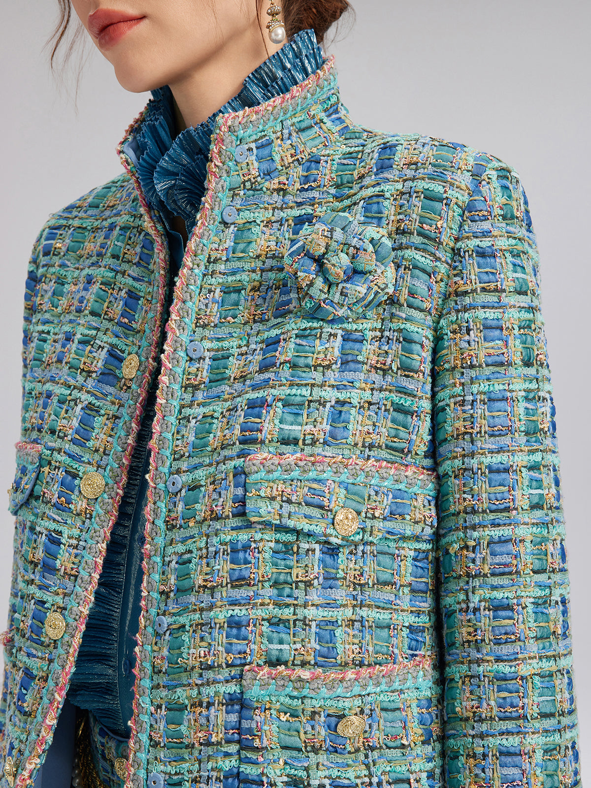 Multicolor Tweed Hand-Sewn Braid Trim Jacket (Matching Scrunchie Included)