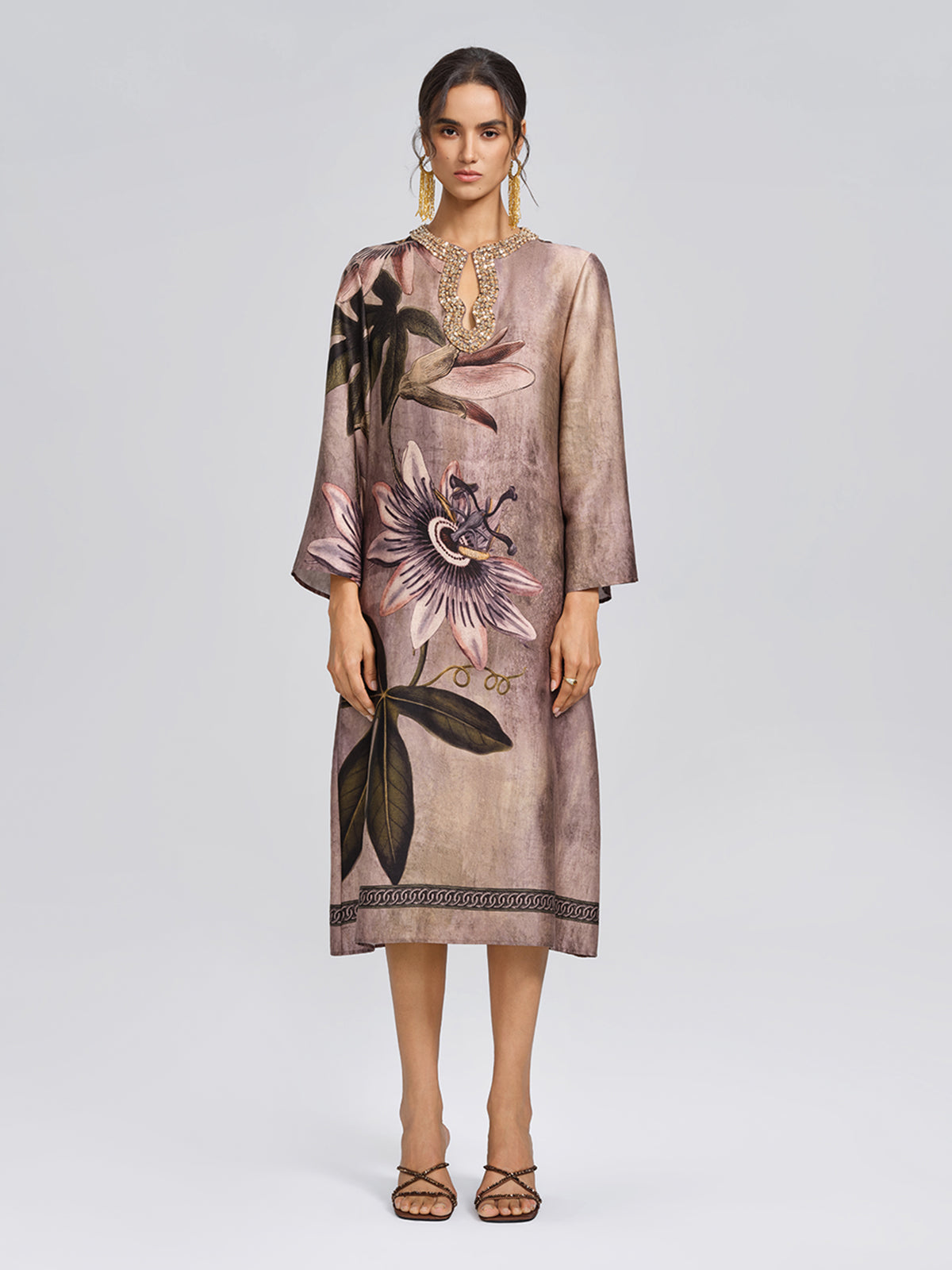 Crystal Embellished Passion Flower Print Dress